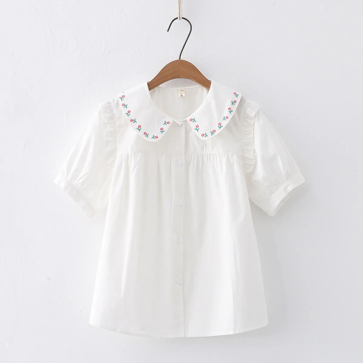 Autumn New Women Cotton White Shirts Floral Embroidered Short Sleeve Peter Pan Collar Loose Blouse Tops New Spring T36314JC