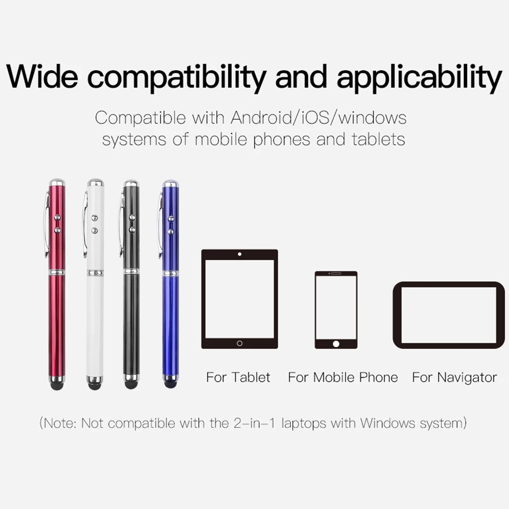 다기능 볼펜 레이저 포인터 LED 토치 터치 스크린 스타일러스, 아이패드 아이폰용 볼펜 터치 스크린 스타일러스, 4 인 1