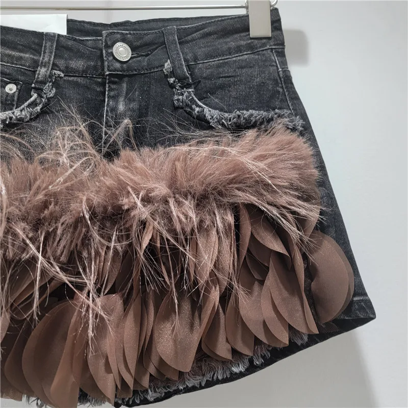 Gonna jeans petalo marrone Donna 2025 Gonna di jeans aderente a vita alta autunno inverno con gonna corta a trapezio patchwork dal design peloso