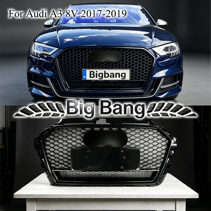 Suitable for Audi A3 2017-2019 RS3 modified grille with four-wheel drive frame, A3 8V air intake grille front mesh.
