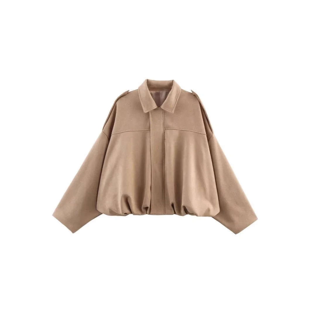 Jaqueta Feminina de Camurça Estilo Piloto com Gola de Zíper, Caimento Solto, Textura de Qualidade, Moda Primavera Outono