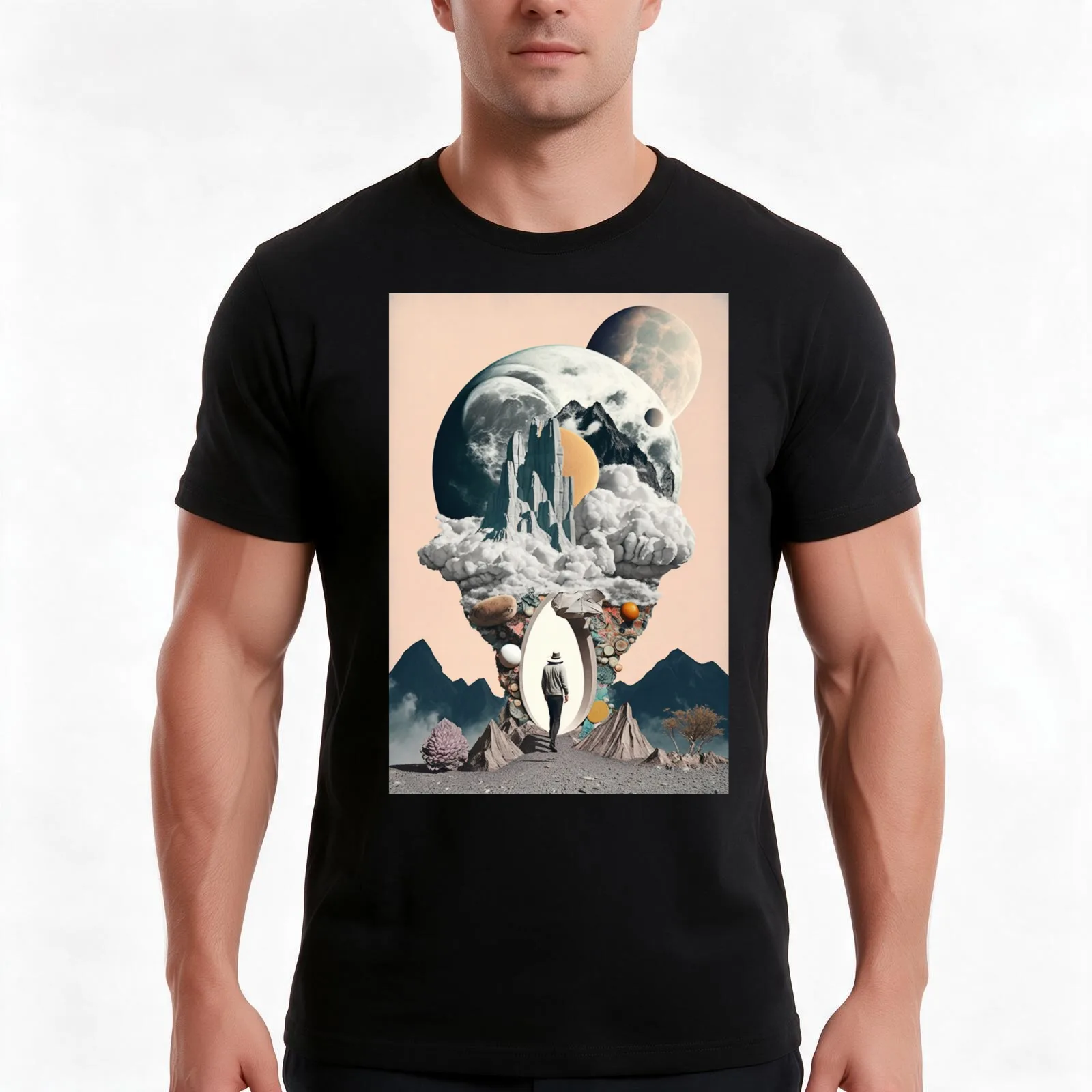 Surreal Collage Art T-Shirt, Summer Casual Cotton Tee, Oversized Streetwear Tops, Vintage Graphic Print, Loose Fit Short Sleeve