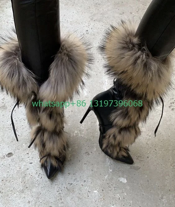 Lady fur lace-up feather calf boots vintage brown color dress boots stiletto heel punk winter lace-up boots size 35-46 footwear