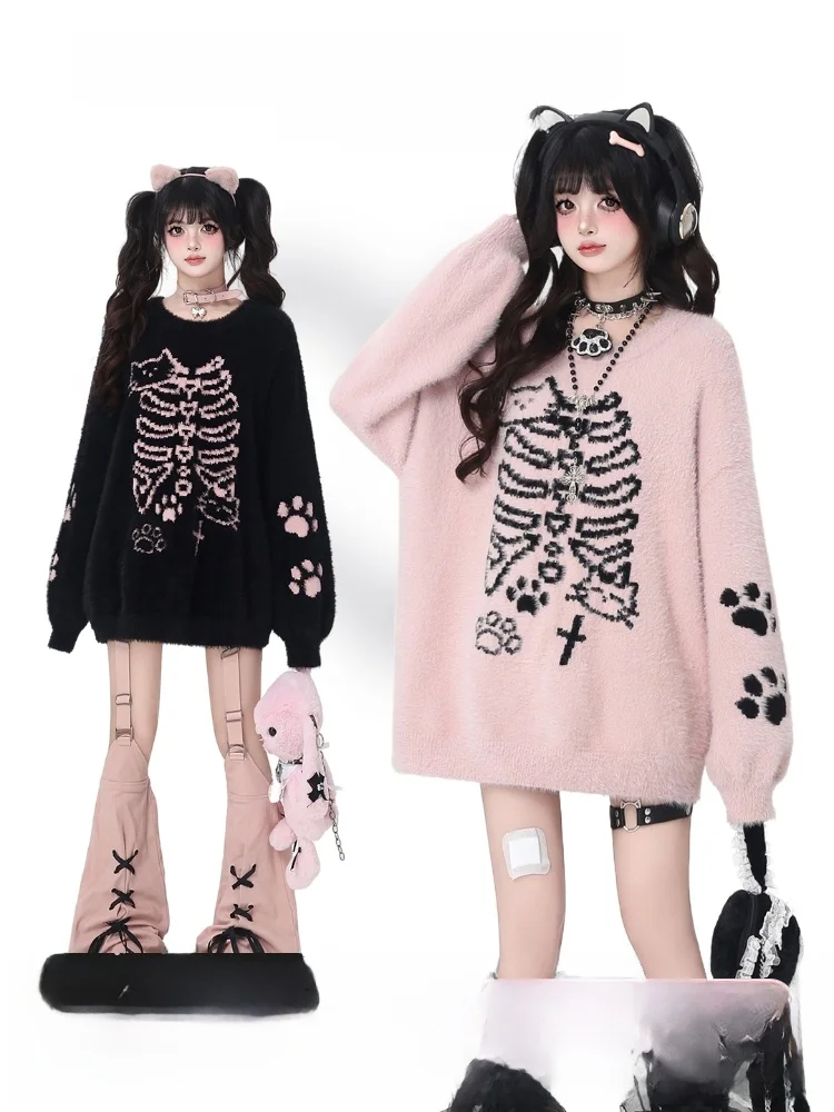 

Оригинальный милый свободный свитер с имитацией мягкого меха Crazygirl, круглый осенне-зимний теплый женский вязаный свитер с рисунком аниме Sle...