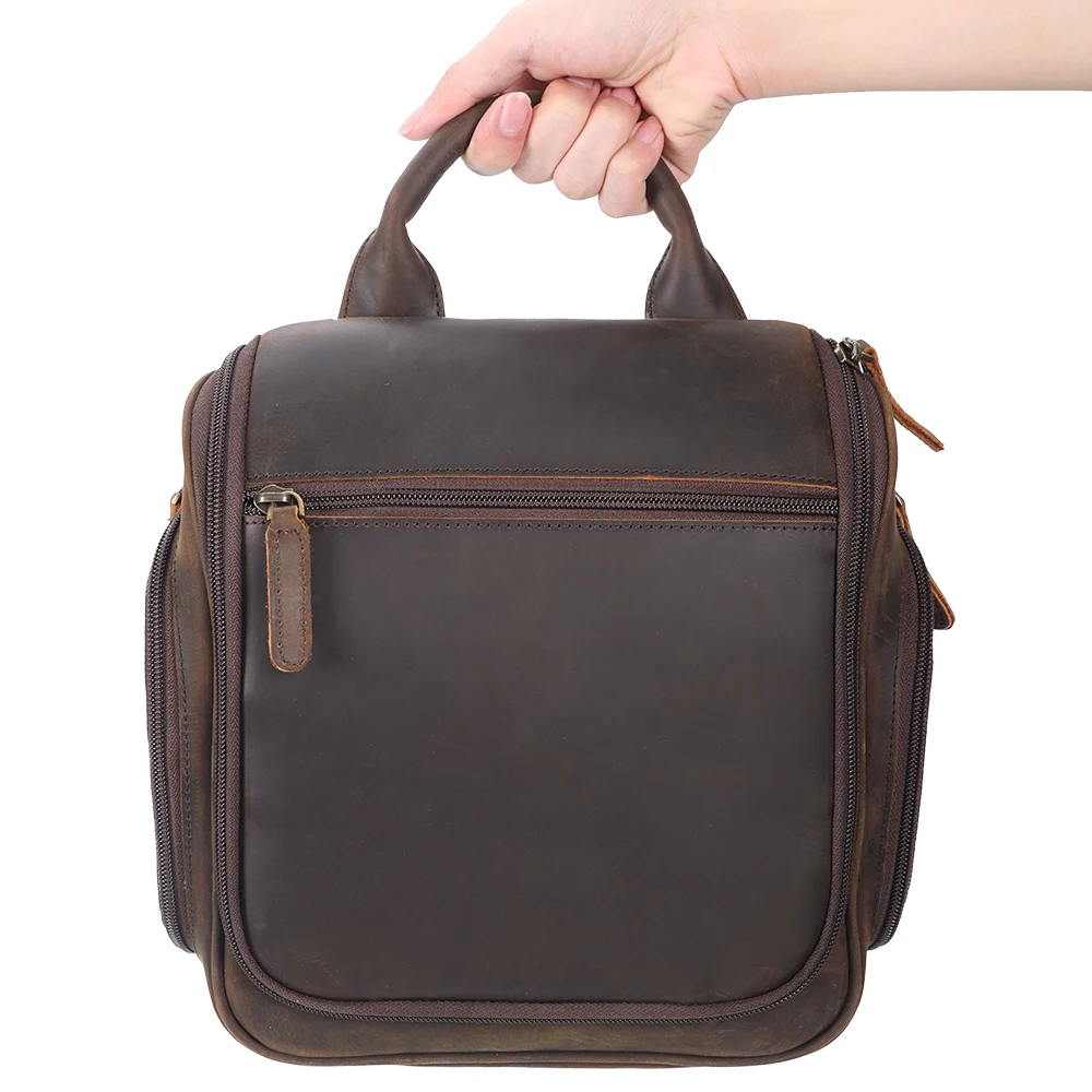 New Design Leather Cosmetic Toiletry Bag Top Full Grain Leather Men Wash Bag for Travelers Travel Make up Washing Bag