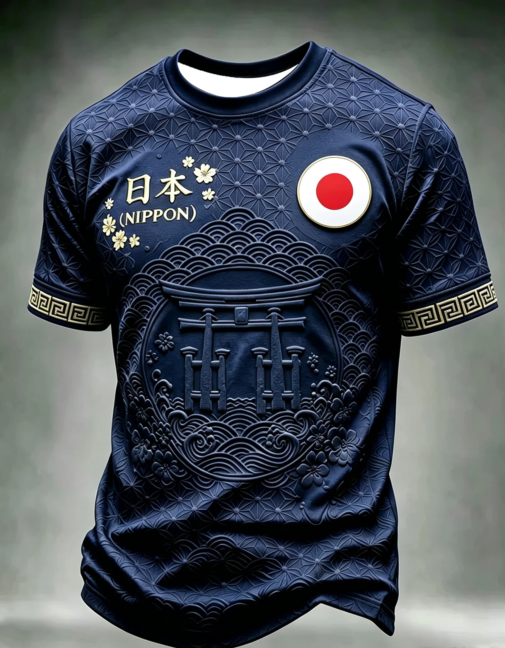 Unisex Japanese Style Torii Gate Wave Embossed T Shirt Quick Dry Polyester Sakura Cuff Retro Nippon Graphic Casual Sports FanTop