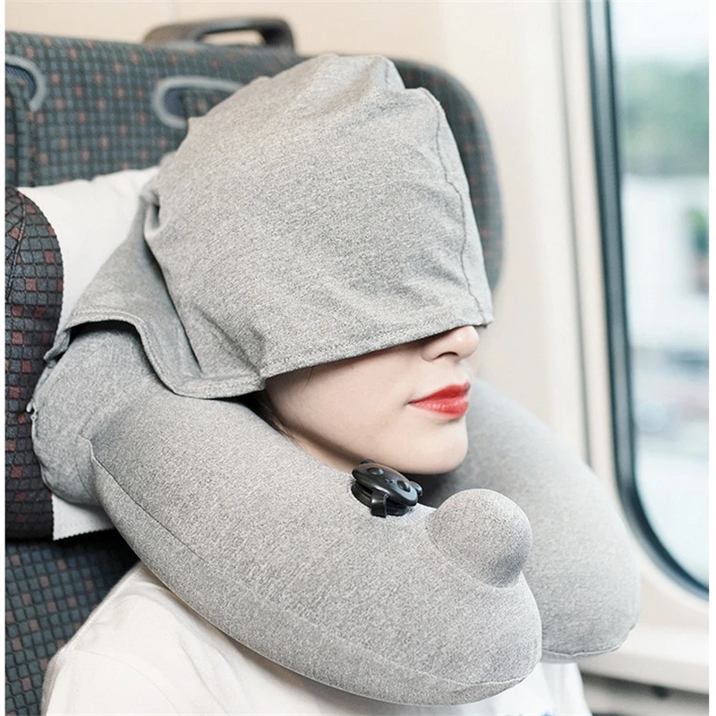 

1 шт. серая надувная подушка для путешествий U-образная поддержка шеи, поясная подушка-самолет с кепкой, уличные аксессуары для кемпинга и полета