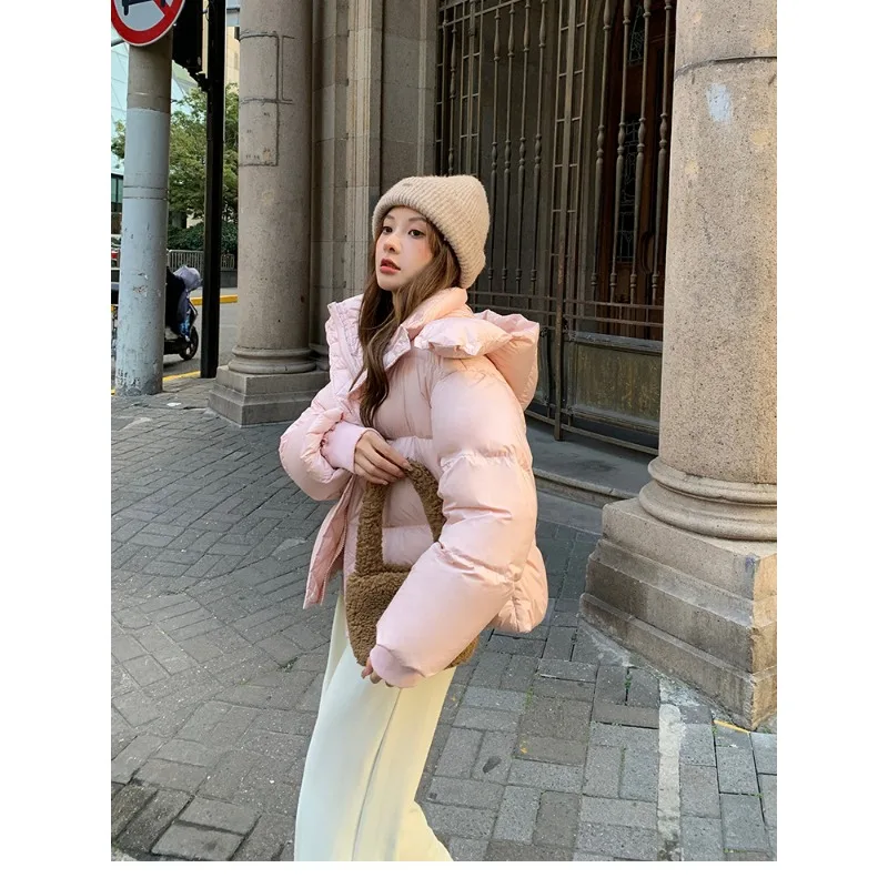 Verdikte donsjas 2025, winter nieuwe high-end mode, bladerdeegbroodpak met capuchon, losse effen damesdonsjas