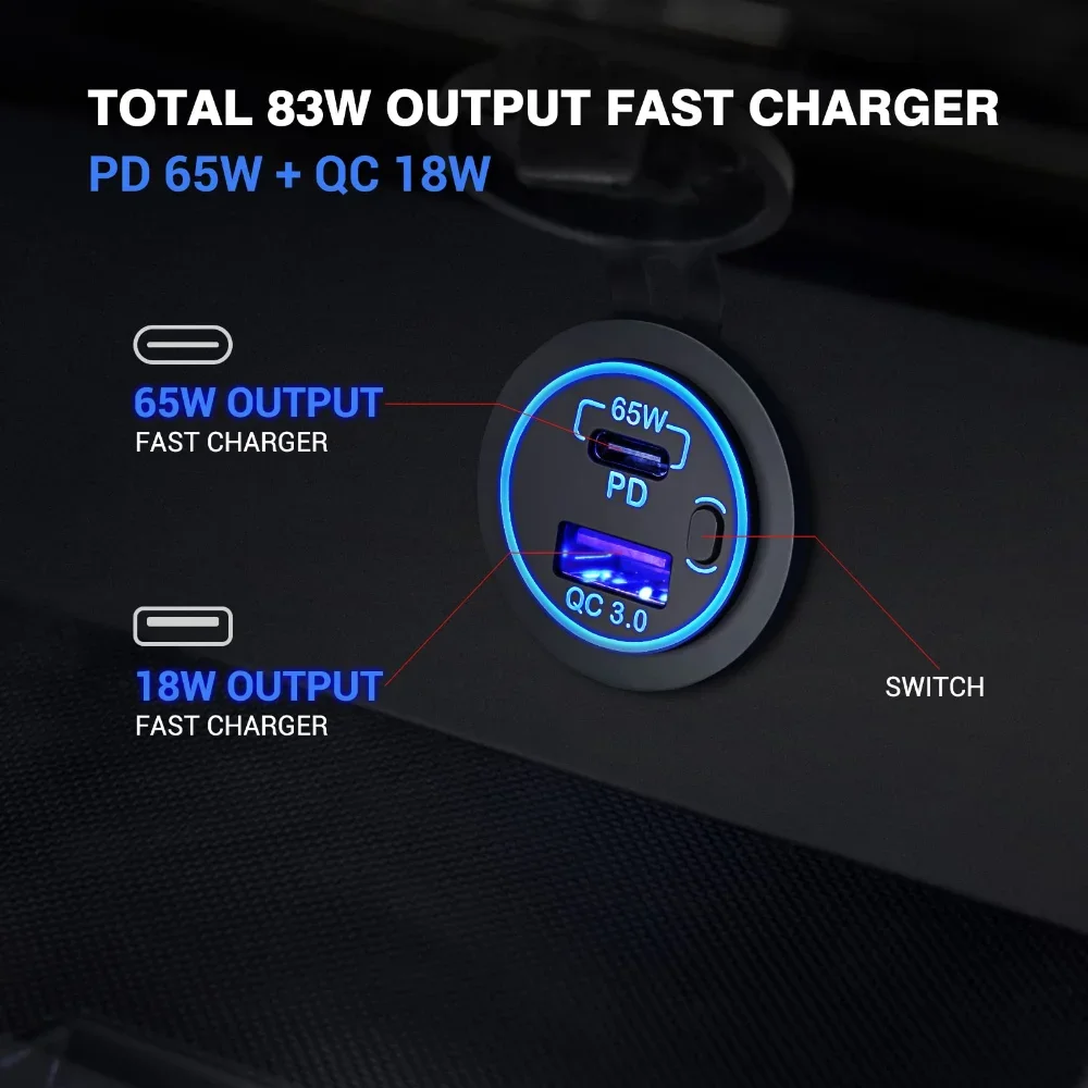 Charger LAPTOP เต้ารับ USB แบบ83W 12V 65W PD3.0 USB-C & 18W QC3.0ช่องเสียบพอร์ต USB สำหรับรถยนต์กันน้ำพร้อมสวิทช์ไฟสำหรับรถ RV