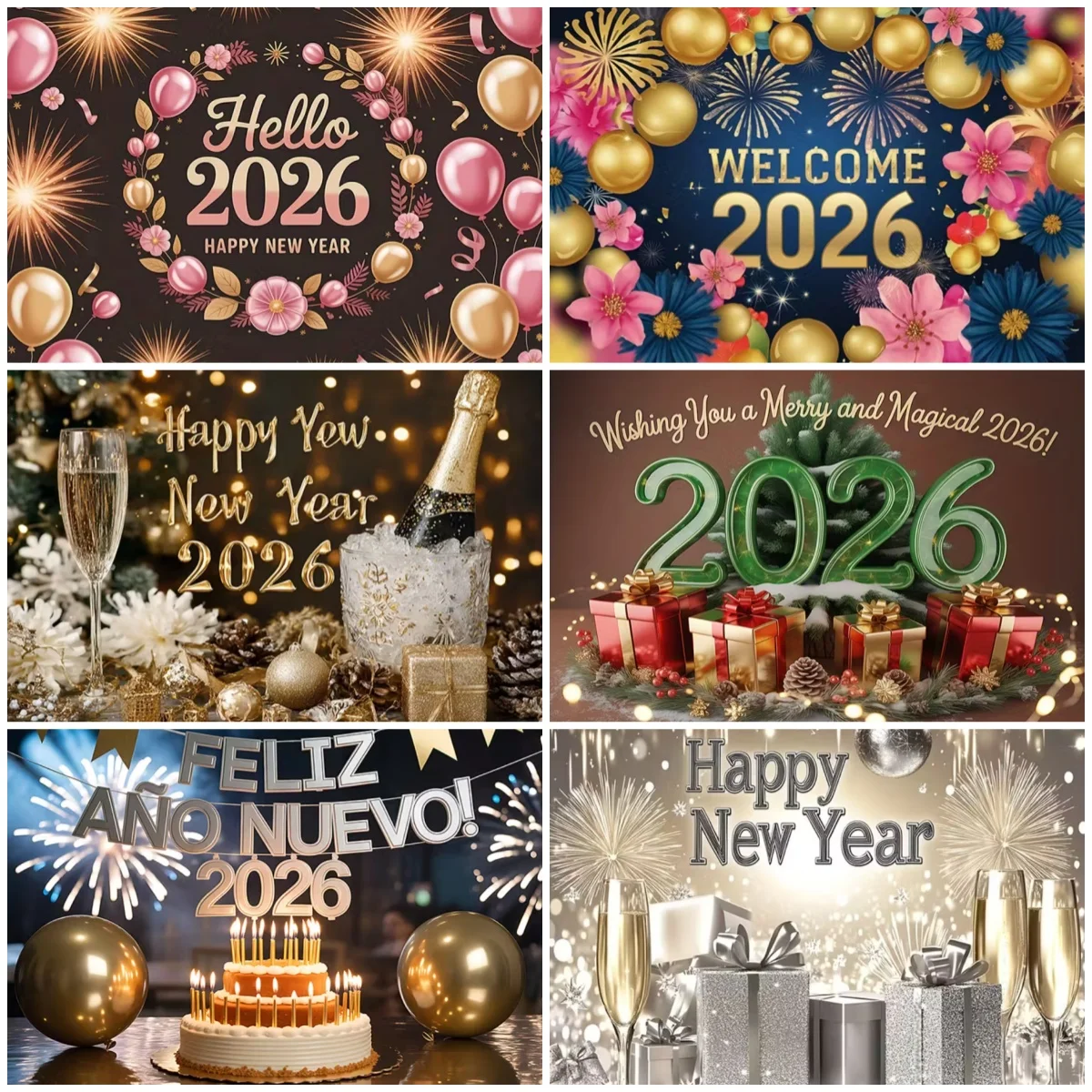 

2026 Happy New Year Party Decoration Firework Champagne Background Flowers Colorful Balloons Backdrop Supplies Photography Props