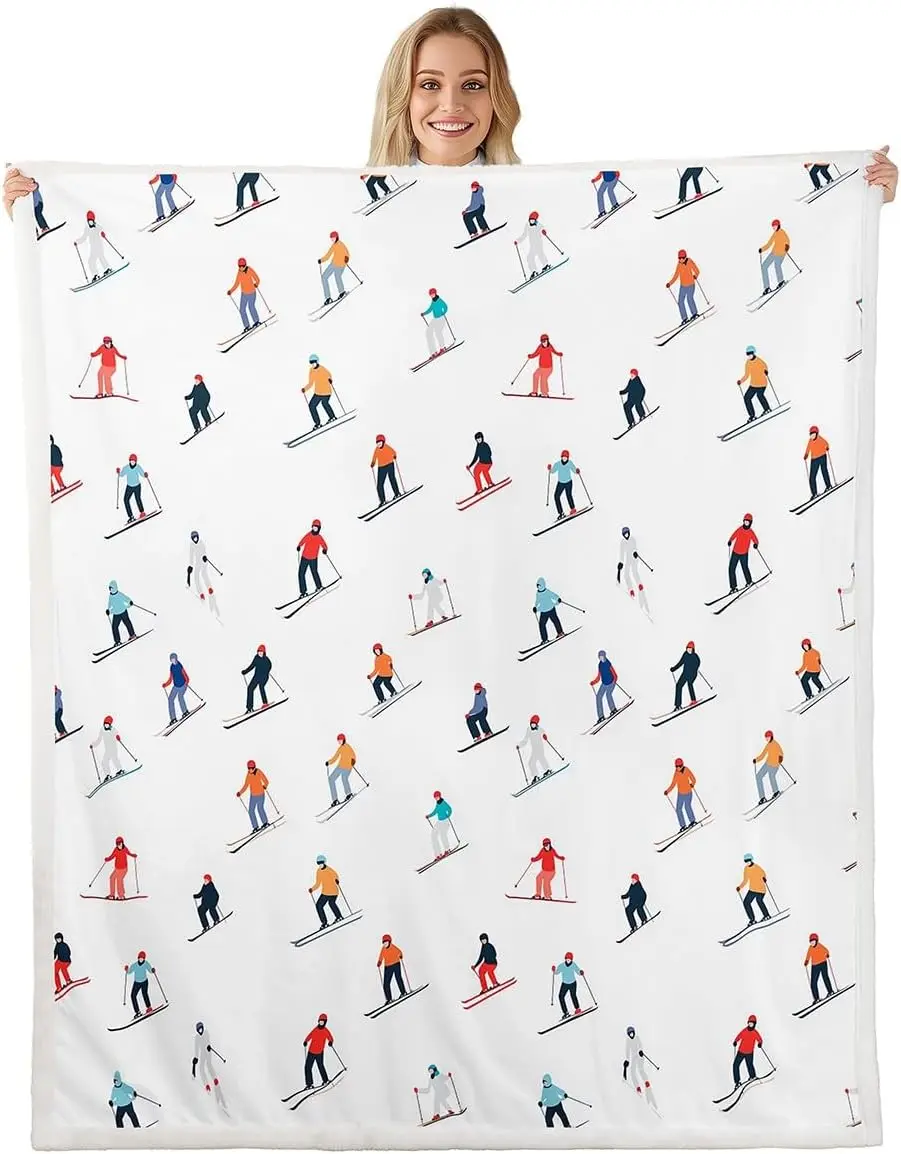 Skiing people pattern blanket winter sports design soft throw cozy home decor mountain adventure print bedroom wall hanging