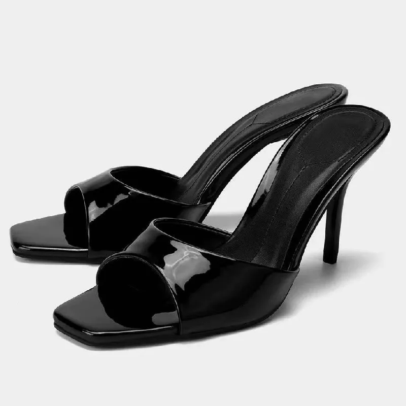 

Black Mules Shoes Women's Slippers Summer Slides Stiletto High Heels Ladies Sexy Square Toe Sandals Elegant Designer Party Heels