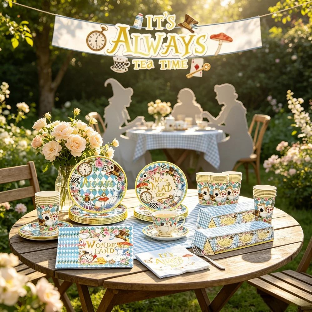 Alice's Wonderland Disposable Tableware Set Mad Hat Tea Party Paper Cup Napkins Tablecloth Bridal Shower Party Table Decoration