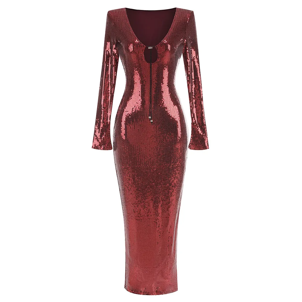Sexy V-hals Flare Lange Mouw Pailletten Maxi Jurk Vrouwen Elegante Groene Lovertjes Split Bodycon Celebrity Avondfeest Lange Jurken
