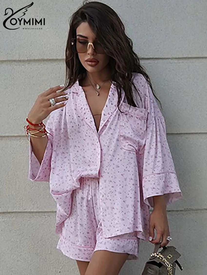 Oymimi Fashion Pink Print Women 2 Piece Set Outfit Casual Satin Wrist Sleeve Button Shirts And High Waist Pockets Shorts Sets