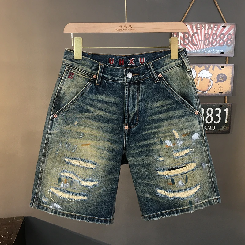 

Men's Heavyweight Vintage 100% Cotton Denim Shorts Summer Distressed Patchwork Loose Straight Fit American Casual Mid-Length