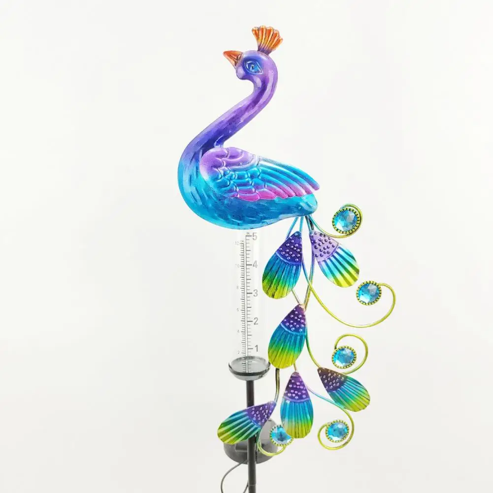 Solar Powered Rain Gauge Solar Peacock Rain Gauge with Metal Stake Outdoor Freeze-proof Water Gauge Decorative Garden Lawn Patio