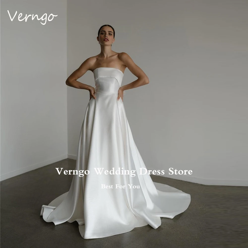 

Verngo Simple Silk Satin A Line Wedding Dresses For Women 2023 Strapless Split Sweep Train Bridal Gowns robe de mariée