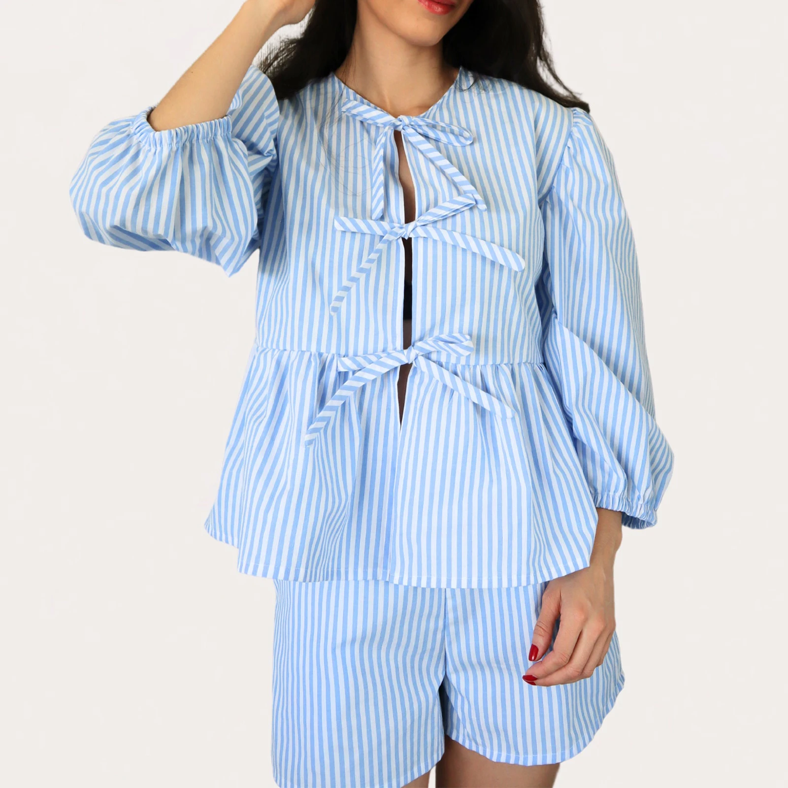 Casual Lace Up Striped Women Shorts Suits O-neck Long Sleeve Blouse Loose Pants 2024 Spring Summer Chic Female 2 Pieces Sets