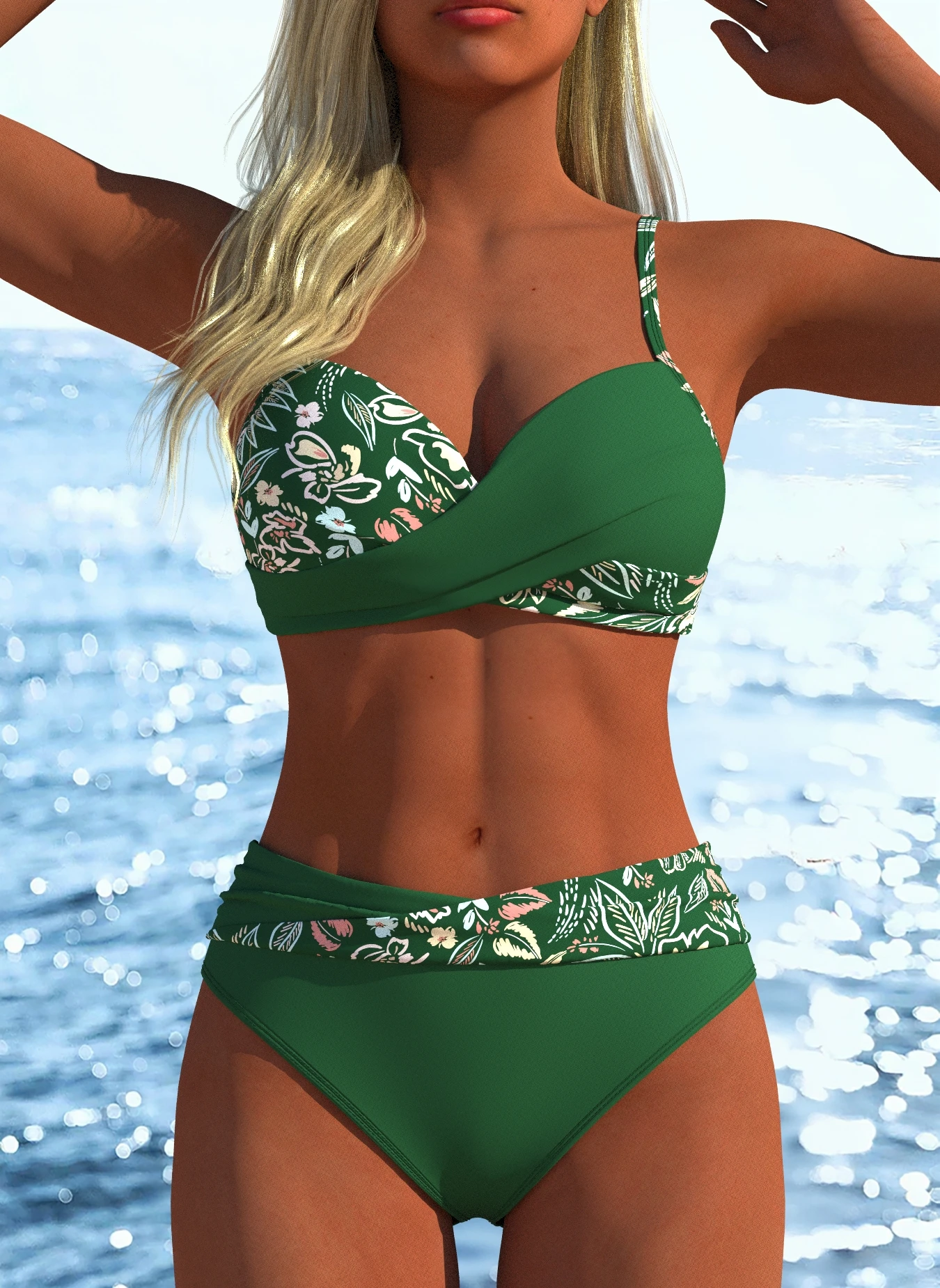 

Women's 2026 Summer Green Floral Print 2 Piece Bikini Set Spaghetti Strap Beach Bathing Suit Swimwear