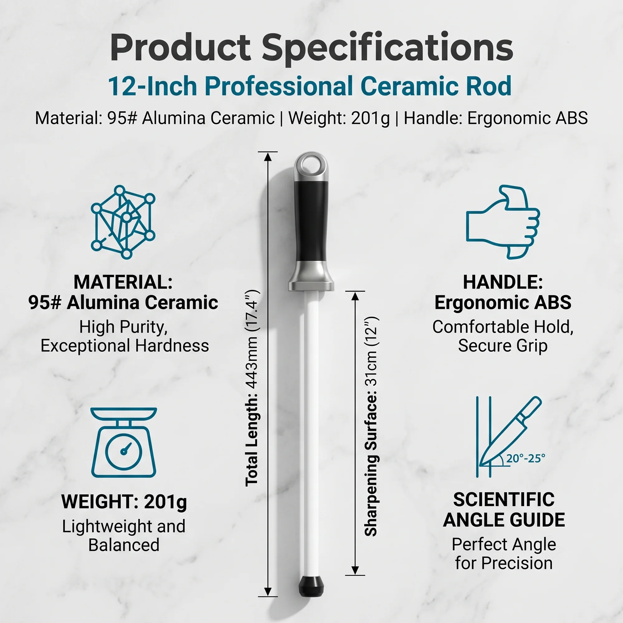 White Ceramic Honing Rod 12 Inch Knife Sharpener Stick 201g Professional Kitchen Tool Durable for Chef Home Cooking