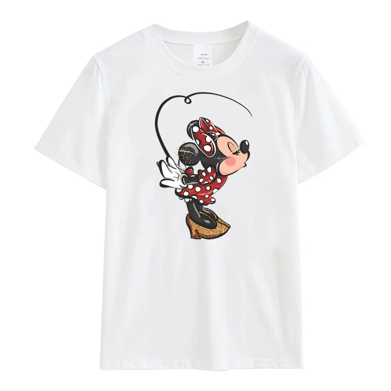 Camiseta estampada feminina de Mickey e Minnie Mouse, extragrande, algodão, manga curta, gola redonda, blusa casual feminina, verão