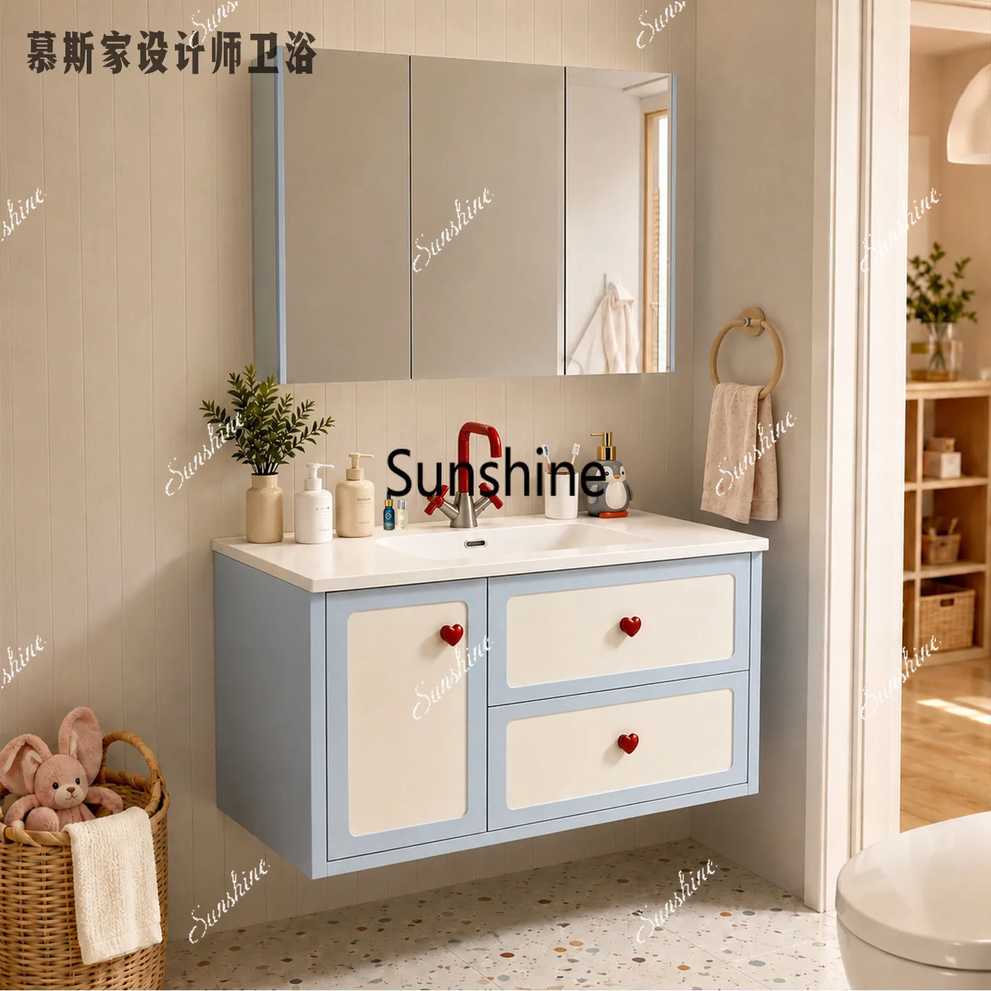 Bathroom cabinet combination ceramic integrated basin wash table blue and white color matching hand washing