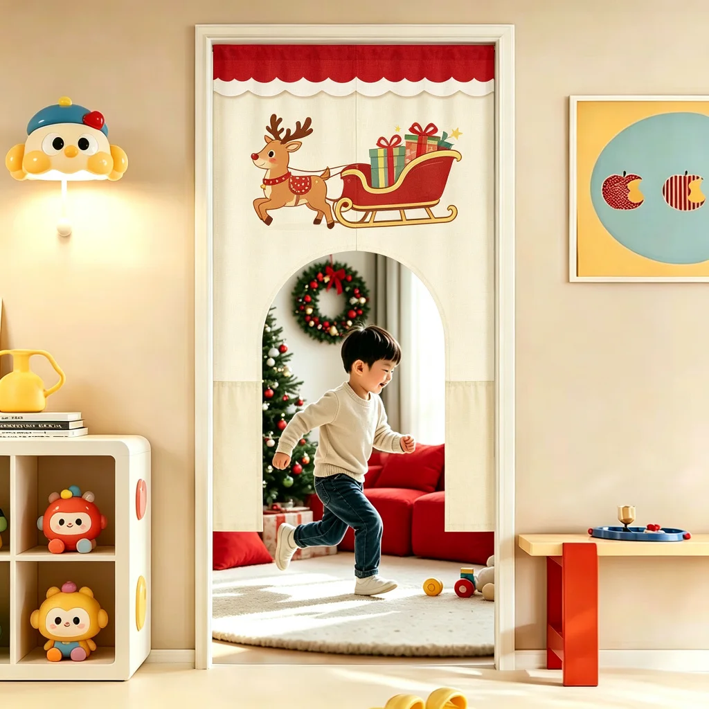 VIKAMA Reindeer Sleigh Arched Half Door Curtain Christmas Kids Room Bedroom Cotton Linen Short Curtain Privacy Home Decor