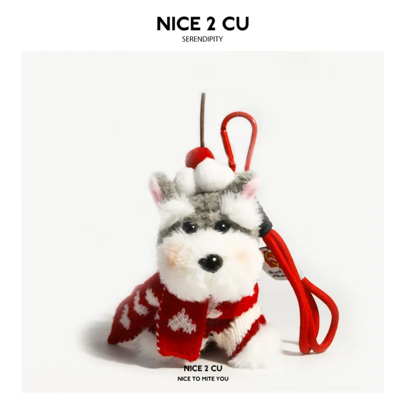 

Cute Schnauzer Plush Keychain With Red Hat Scarf Stuffed Bag Pendant Key Ring Gift For Holiday Friends Keychain Collectible