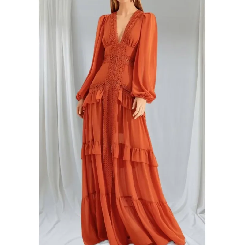 Moda elegância feminina longo maxi vestido 2025 rendas profundo decote em v manga cheia em camadas babados bordas vestidos de festa rua