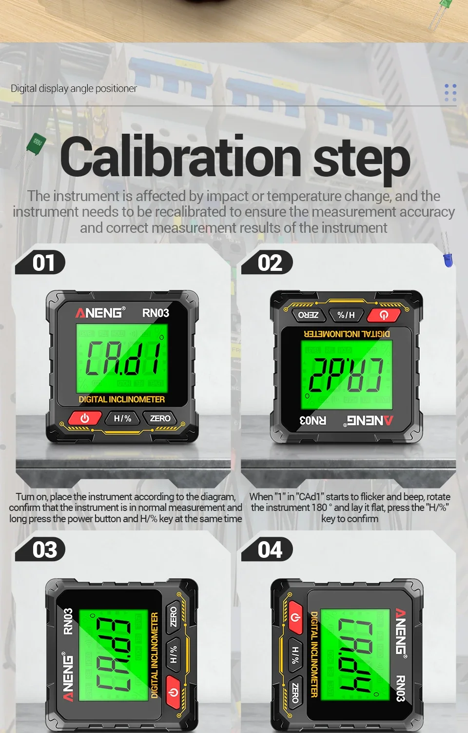 ANENG RN02/RN03 Digitaler Neigungsmesser 0,05 ° 4-seitiger magnetischer, hintergrundbeleuchteter LCD-Winkelmesser mit automatischer Flip-Funktion, Datenspeicherung, Kalibrierung und wiederaufladbarer Funktion – Detail 15