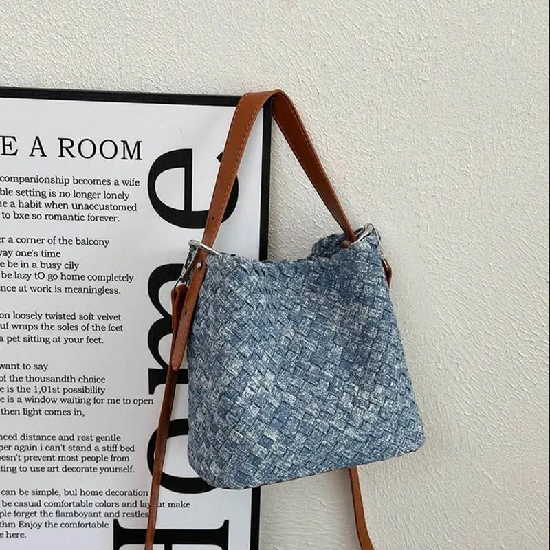 Ladies' Handbag 2026 New Pattern Hand Woven Denim Bag Solid Color Fashionable Single Shoulder Underarm Bags Tote Bucket Bags