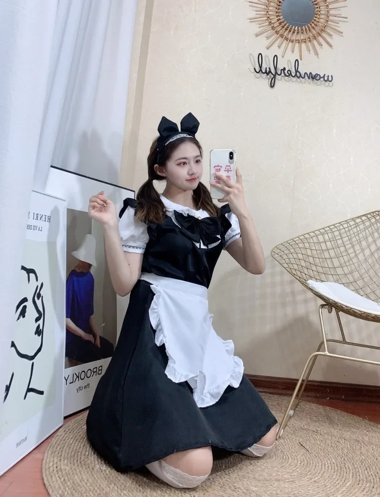 Black White Cute Maid Outfit Lolita Dress Girls Women Sweet Maid Cosplay Halloween Costume Dresses Outfit Performance Suit