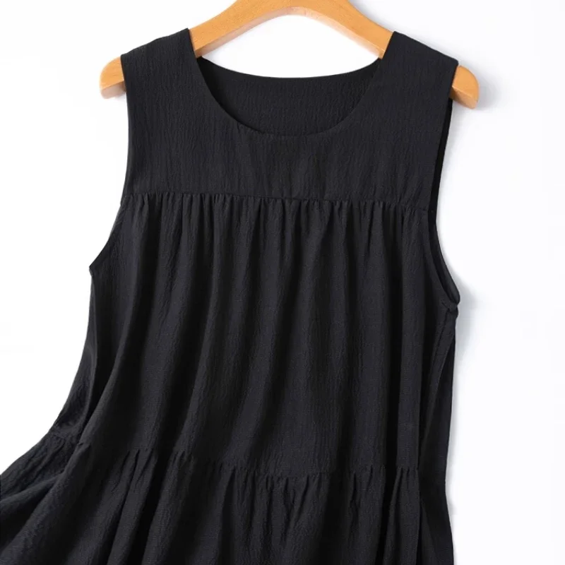 Tcyeek 100 ℅   Vestido de seda amoreira para mulher, decote em o solto sem mangas preto moda em camadas vestido, 2025 novo verão d55608jf