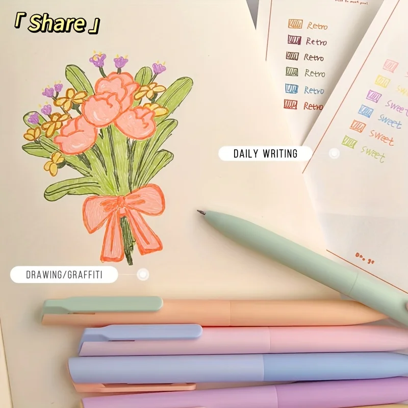 

6pcs Vintage Dopamine Colored Gel Pens Set 0.5mm Fine Point Quick-Drying Plastic Material for Journaling Drawing and Note-taking