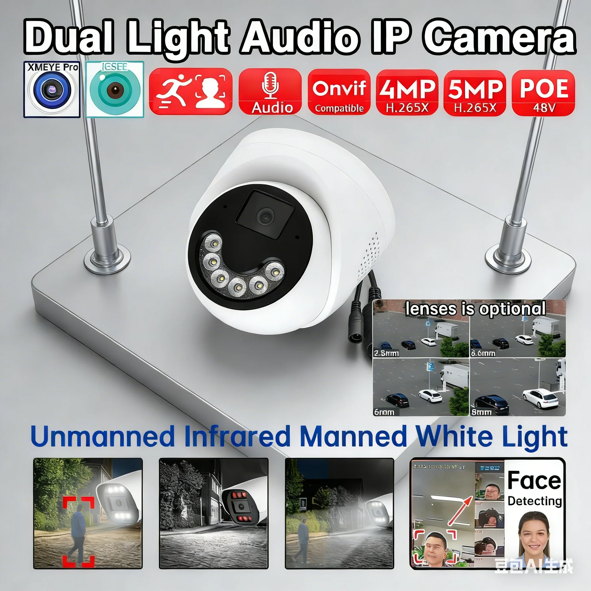 

Умная IP-камера видеонаблюдения Xmeye AI 5 Мп/4 Мп с PoE, HD, для улицы, ночное видение, полноцветная, с аудио, Onvif, распознавание лиц