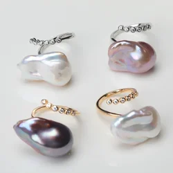 100% Natural Colorful Irregular Baroque Pearl Ring S925 Pure Silver with Zircon Inlaid Opening Adjustable Ring Fashion Jewelry