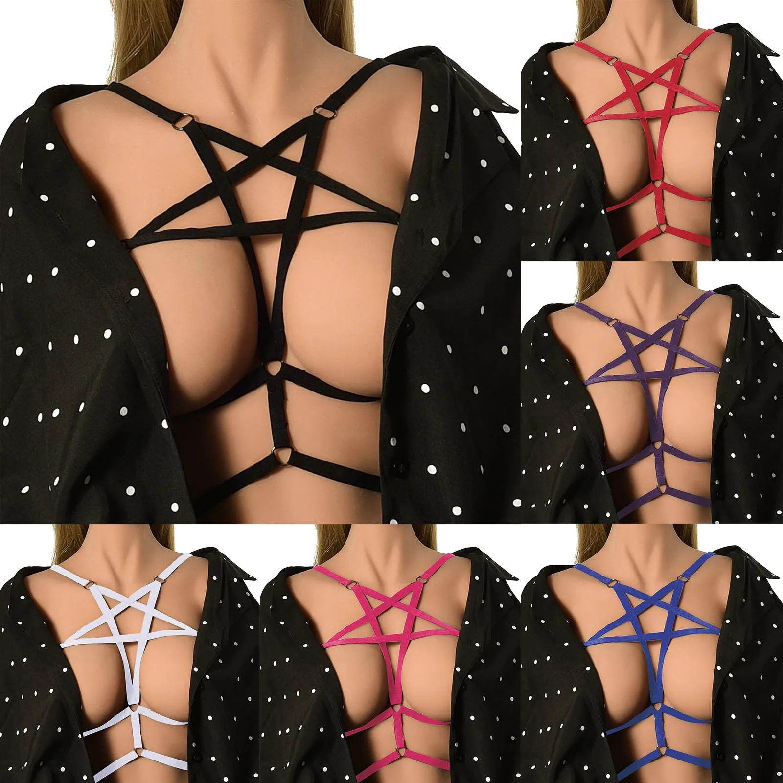 

Sexy for Women Large Breast Sexy Bra Strap Hollowed Out Five Pointed Star Harness Underwear Hand Teacher Lingerie for Women