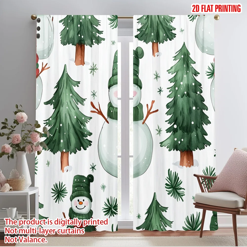 2pcs,2D plane printing Popular Curtains Cute Snowman Christmas Trees (2) Versatile Polyester Fabric (without rod) Decorations