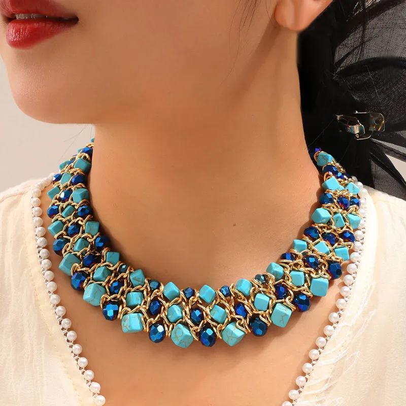 

Fashionable Ethnic Style Turquoise Crystal Woven Temperament Women's Wide Necklace