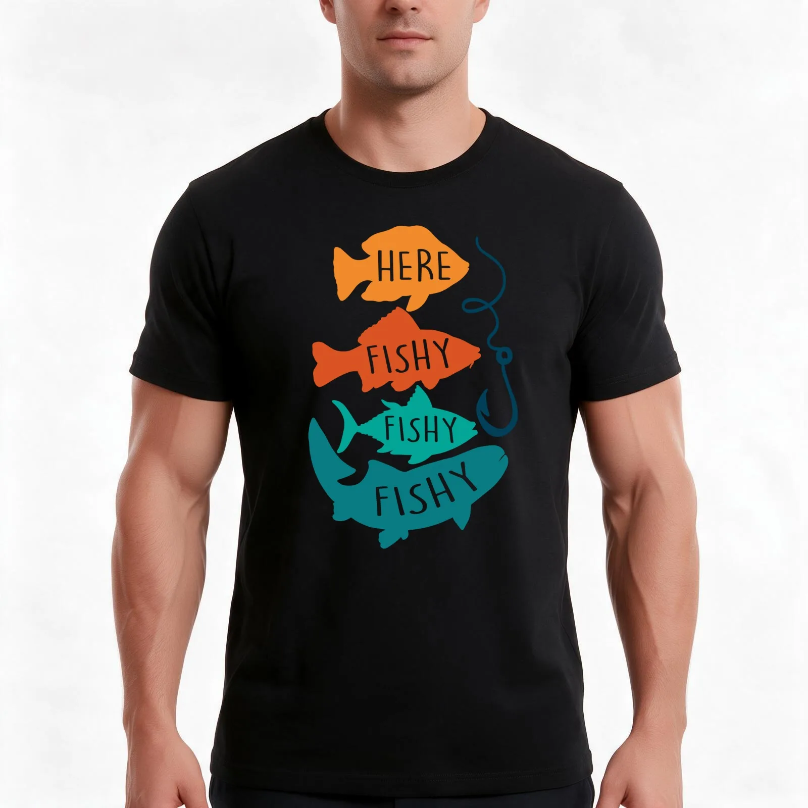 Fishing, Here Fishy Fishy T-Shirt, Summer Casual Cotton Tee, Oversized Streetwear Tops, Vintage Graphic Print, Unisex Men Women