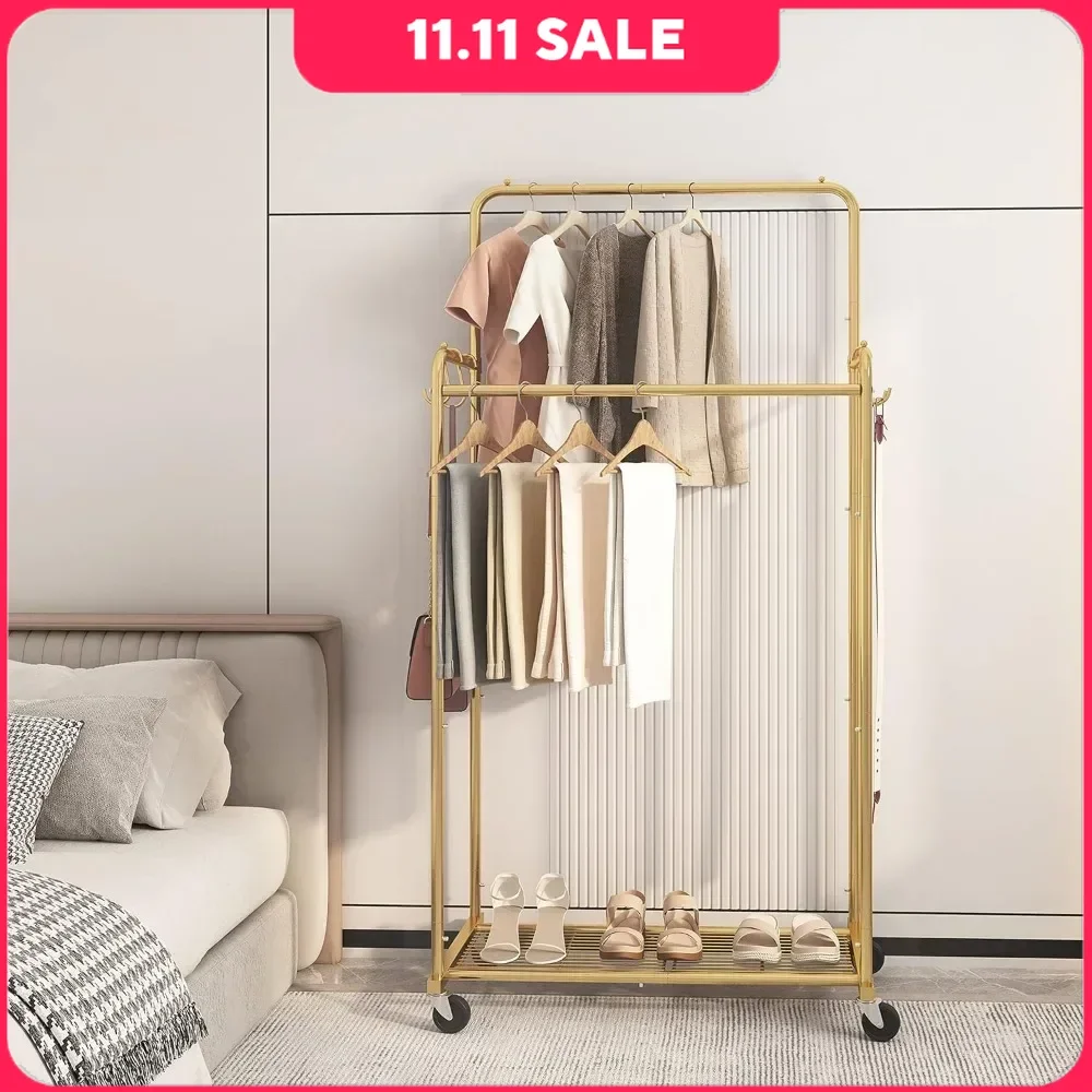 

Trending Double Rod Clothes Garment Rack, Heavy Duty Clothing Rolling Rack on Wheels for Hanging,with 4 Hooks,Gold Wardrobe