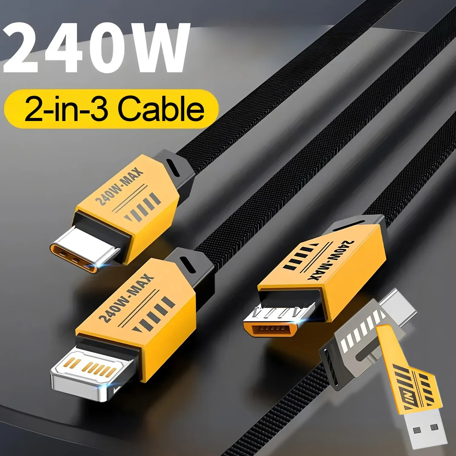240W 3 In 2 Fast Charging Cable 1.2m Micro USB Type C Multi USB Charger for iPhone Huawei