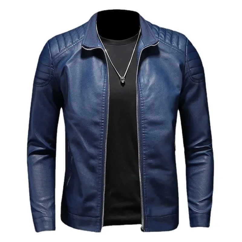 Abrigo corto ajustado con cuello para hombre, chaquetas de PU, abrigo de cuero a prueba de viento, chaqueta cortavientos, chaqueta de cuero para motocicleta para hombre