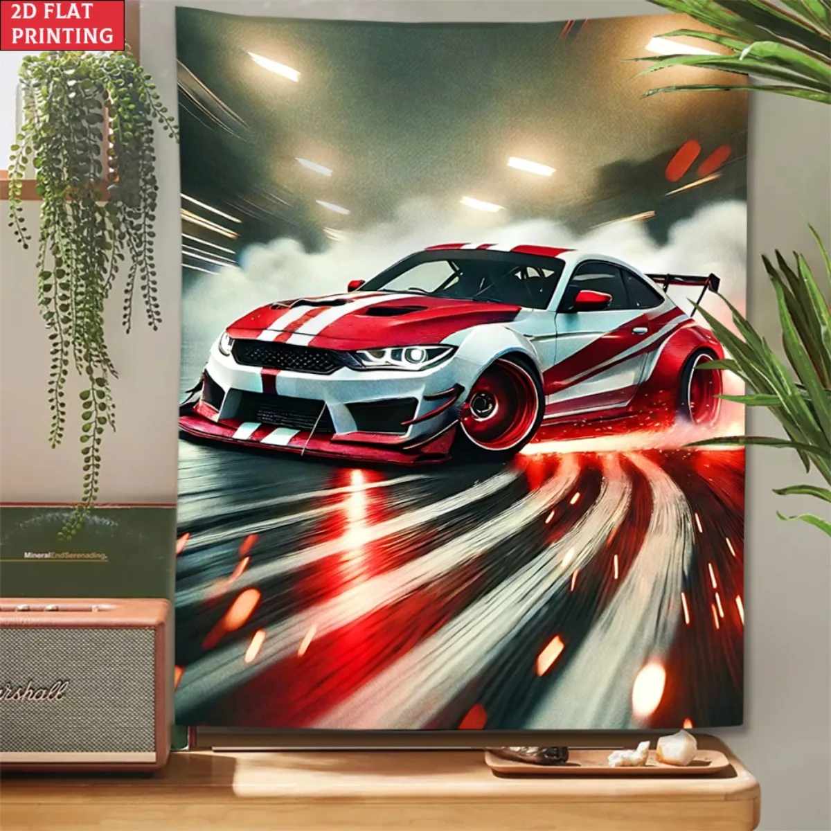 Vibrant Red White Modified Sports Car Tapestry, Drift Racer Track Wall Hanging, Car Lover Room Decor suitable offices bars party