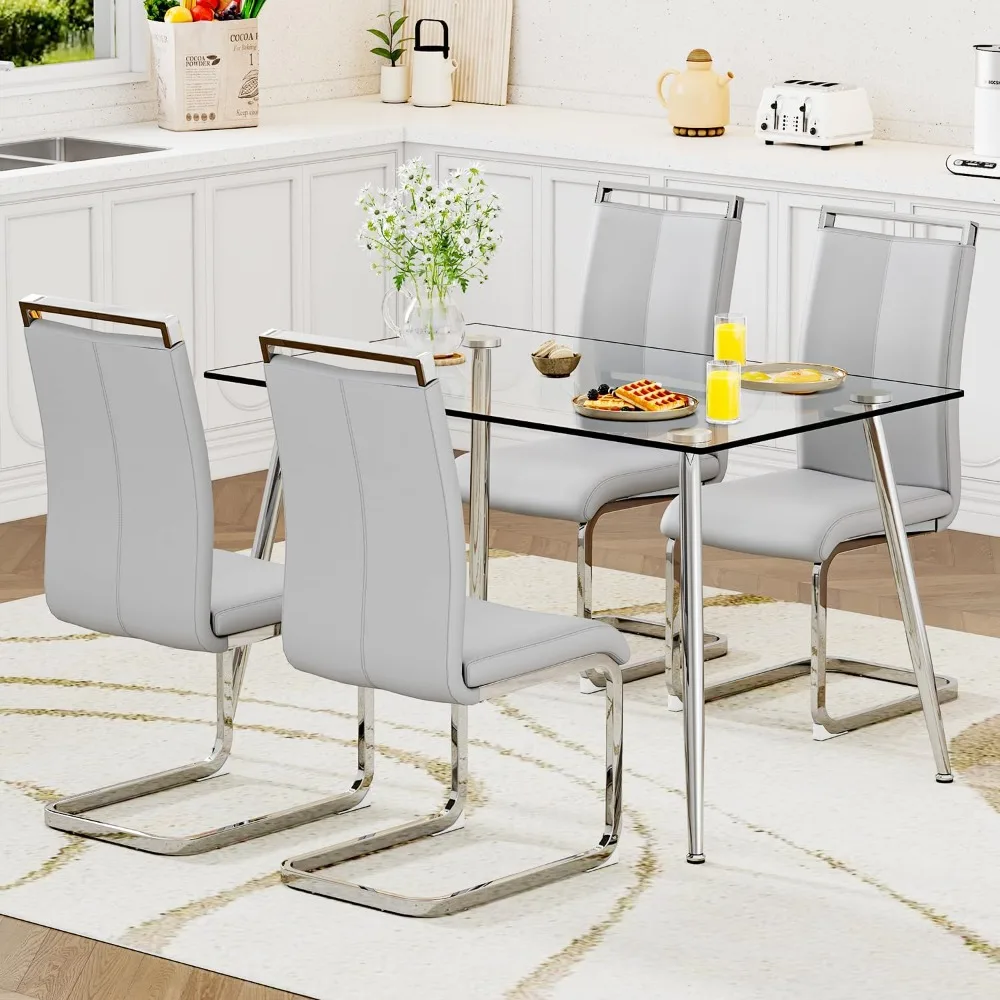 5 Piece Dining Table Set for 4, Modern Dining Room Table with 4 PU Leather Dining Chairs Dinner Table