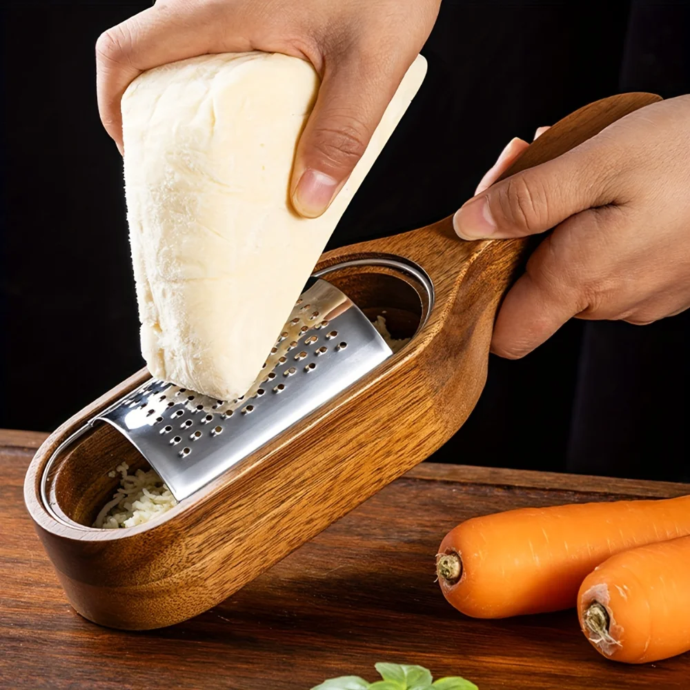 

1Pcs Stainless Steel Cheese Grater Slicer With Removable Acacia Wood Collector Chopper Planer Vegetables Cutter Kitchen Gadgets