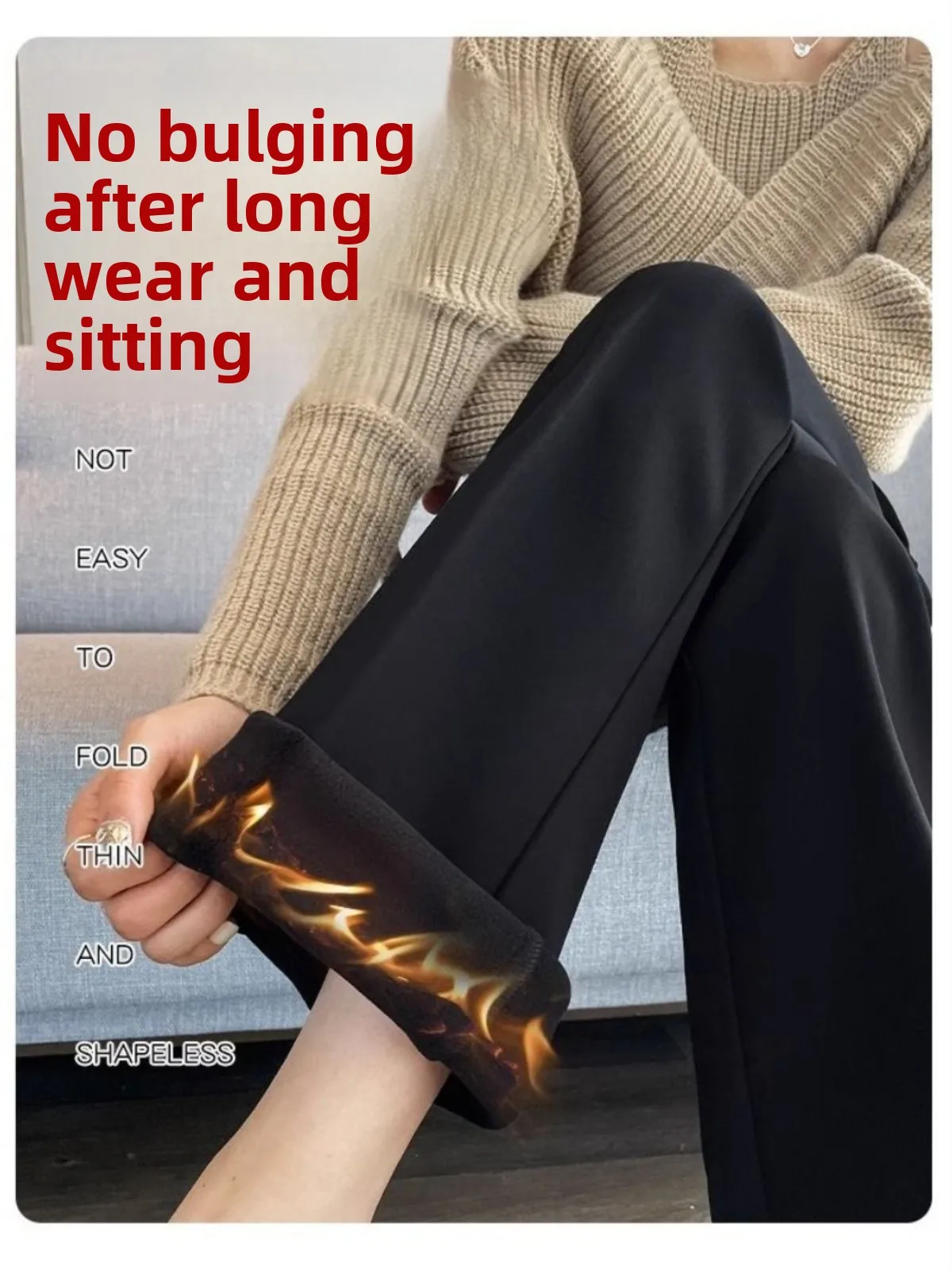 Women's Fleece Lined Tailored Pants High Waist Slimming Thickened Autumn Winter Black Micro Flared Trousers Casual Wear