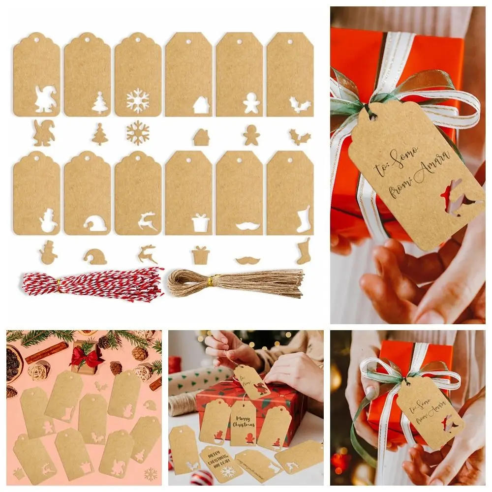 48/96/144pcs Christmas Tree Shape Gifts Labels Santa Claus Printed Crafts Gift Wrapping DIY Snowman Kraft Paper Tags New Year