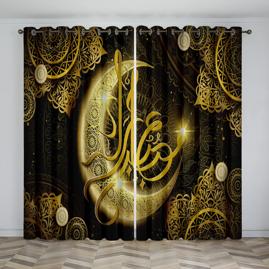 

Islamic Eid Golden Moon Curtain 2 Panel Luxury Ramadan Festival Living Room Bedroom Home Decor Curtains